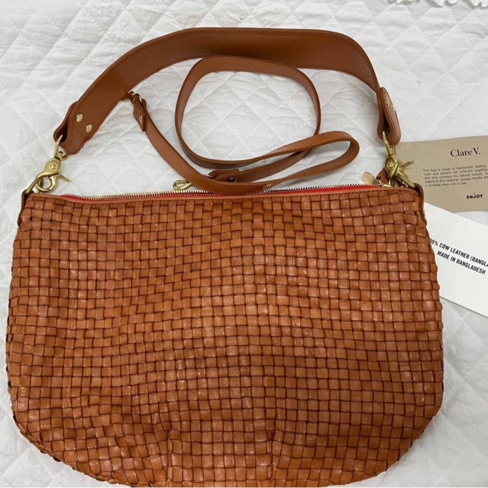 CLARE V MOYEN WOVEN LEATHER MESSENGER BAG